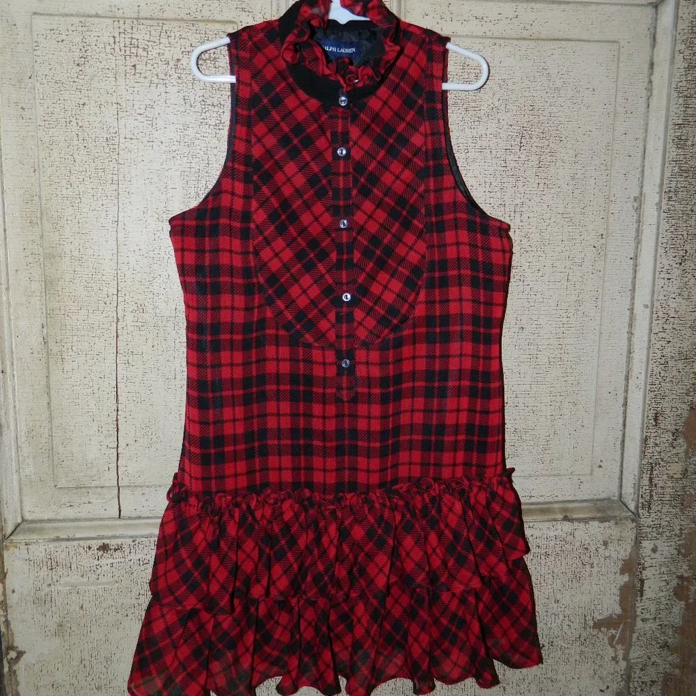 Ralph Lauren Girls Dress Red Black Plaid Sleeveless Chiffon Size 8 (H-24)